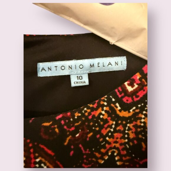 🔮 ANTONIO MELANI Cocktail Paisley Office Dress | Size 10 | Black/Coral 🔮 - Picture 2 of 3